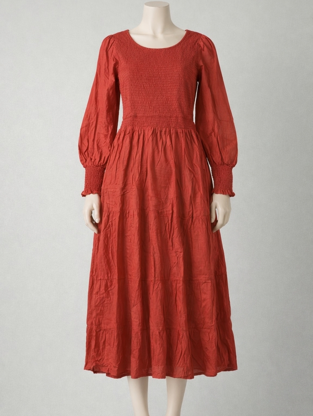 Smocked Waist Long-Sleeve Midi Dress in Rust